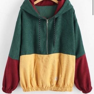 Hooded Color block Corduroy Half-zip Sweatshirt